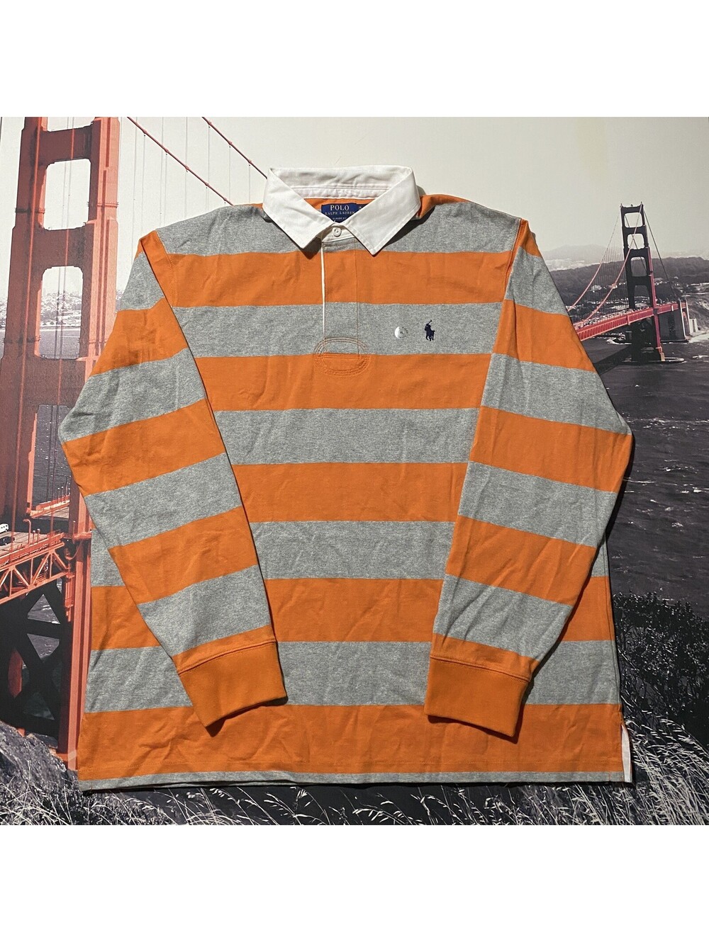 Polo Ralph Lauren Rugby Shirt Mens XL Grey Orange Striped Classic Fit Cotton